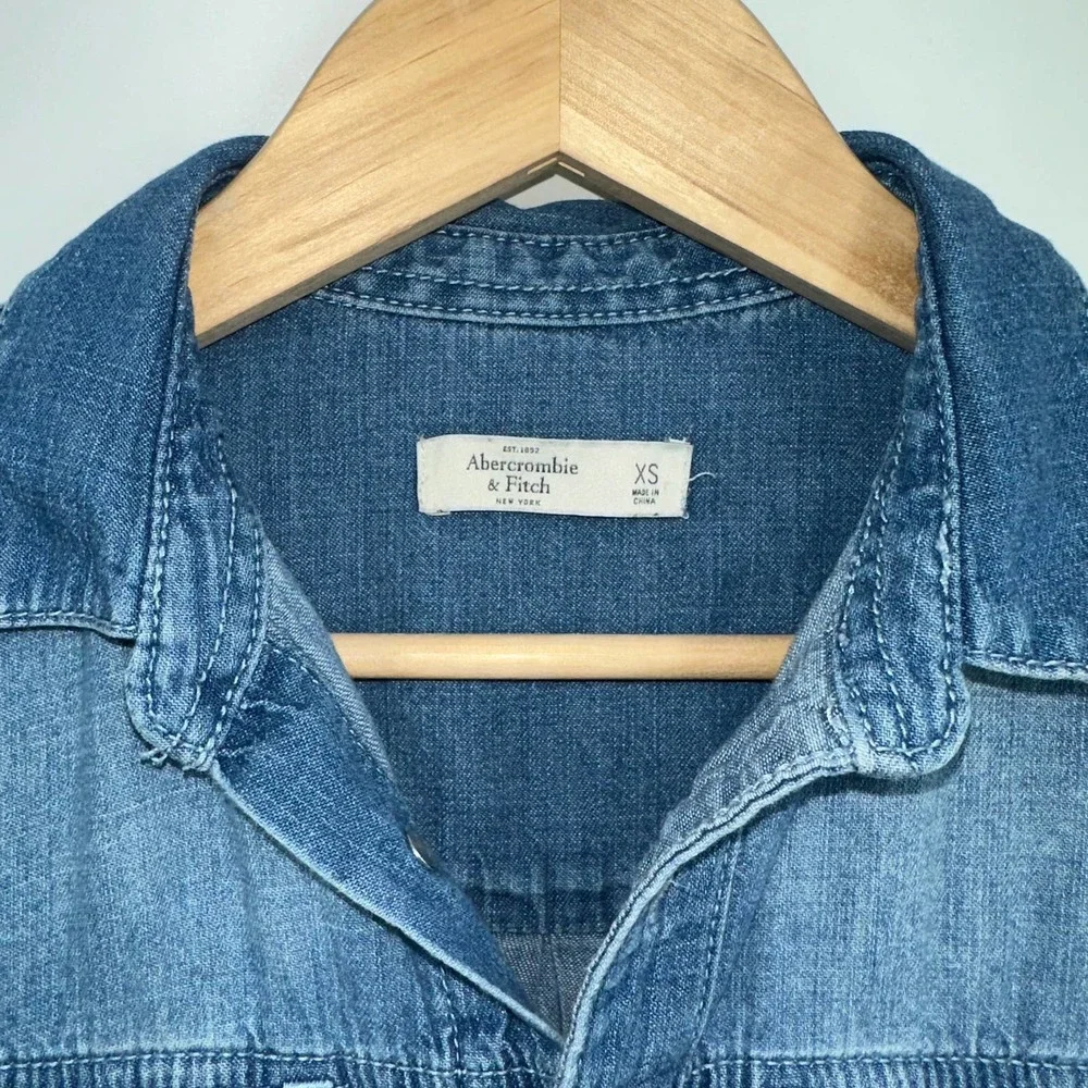 Abercrombie & Fitch Long Sleeve Denim Jean Shorts Romper in Medium Wash A&F - Picture 7 of 7